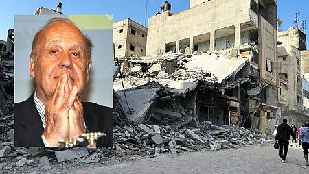 Jean Ziegler, zerstörte Gebäude im Gaza-Streifen